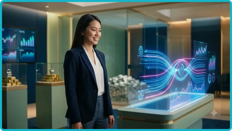 Ảnh minh họa lý do theo dõi giao dịch trên nền tảng cao cấp với màn hình sổ giao dịch hologram