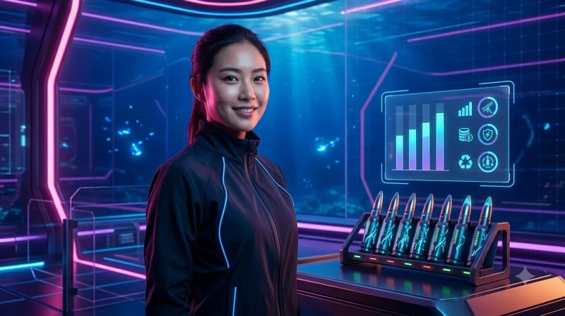 Bàn tay điều khiển bảng điều khiển hologram quản lý đạn với đồng xu vàng chảy vào két an toàn dưới đại dương