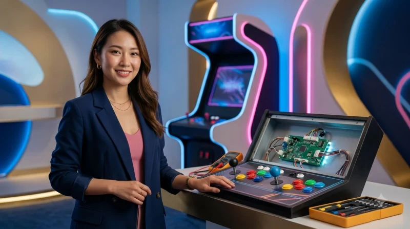 bang-mach-dieu-khien-arcade-duoc-kiem-tra-bang-dong-ho-ky-thuat-so-trong-anh-sang-neon-xanh-va-hong-the-hien-quy-trinh-checklist-kiem-loi Bảng mạch điều khiển arcade được kiểm tra bằng đồng hồ kỹ thuật số trong ánh sáng neon xanh và hồng, thể hiện quy trình checklist kiểm lỗi