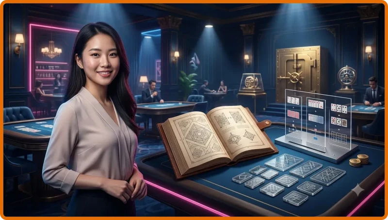 Bộ bài tây xếp thành phỏm trên bàn chơi với chip vàng, minh họa luật phỏm F8BET
