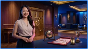 Bối cảnh lễ hội truyền thống được tái hiện hiện đại với màn hình kỹ thuật số hiển thị lịch sự kiện