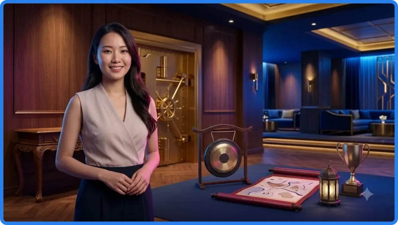 Bối cảnh lễ hội truyền thống được tái hiện hiện đại với màn hình kỹ thuật số hiển thị lịch sự kiện