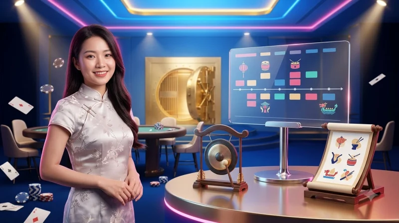 Bối cảnh lễ hội truyền thống được tái hiện hiện đại với màn hình kỹ thuật số hiển thị lịch sự kiện