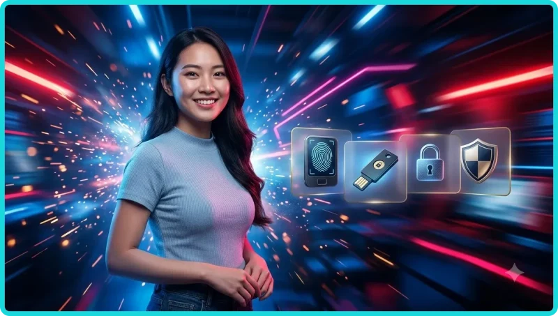 Cổng bảo mật kỹ thuật số với vân tay hologram và các lớp mã hóa bảo vệ tài khoản