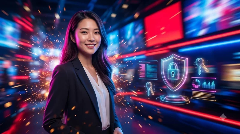 Cổng bảo mật kỹ thuật số với vân tay hologram và các lớp mã hóa bảo vệ tài khoản