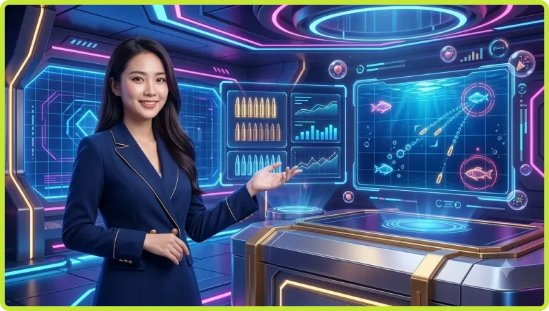 Khẩu pháo bắn cá bắn đạn vàng vào đàn cá lớn trong đấu trường arcade dưới đại dương có giao diện hologram đếm đạn
