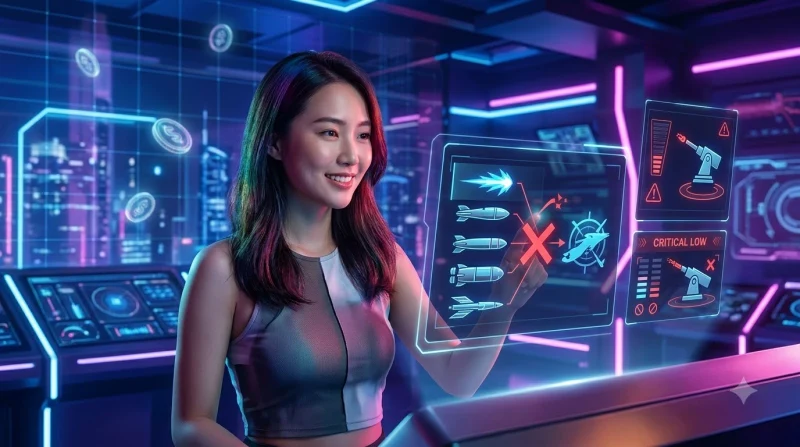 Khẩu pháo bắn đạn vàng vung vãi khắp nơi không nhắm mục tiêu với đồng hồ đạn giảm và biểu tượng cảnh báo