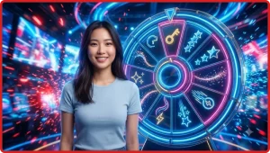 Minh họa khái niệm vòng quay miễn phí nền tảng trực tuyến với giao diện slot hiện đại và biểu tượng phần thưởng