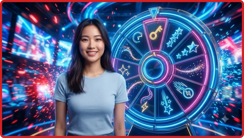 Minh họa khái niệm vòng quay miễn phí nền tảng trực tuyến với giao diện slot hiện đại và biểu tượng phần thưởng