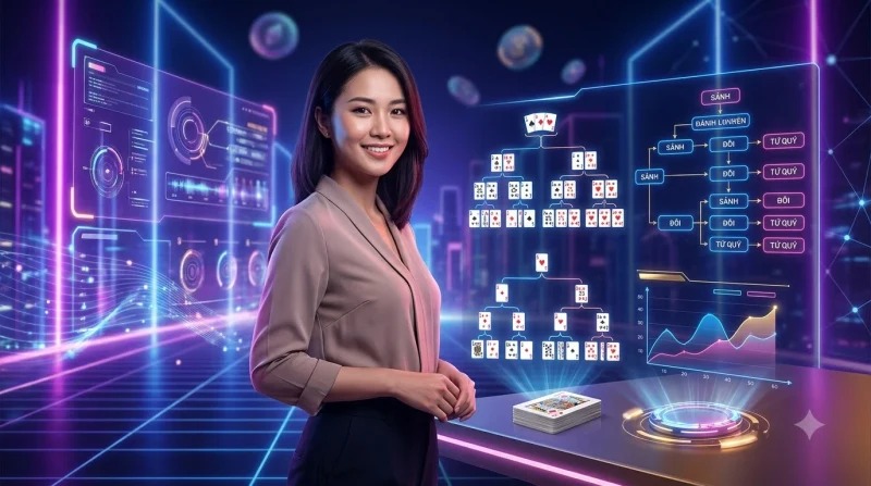 Minh họa người chơi nghiên cứu luật bài Tiến Lên trên giao diện kỹ thuật số cao cấp.