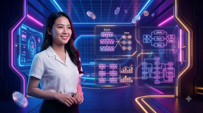 Minh họa người chơi tư duy chiến thuật trên bàn bài ảo hologram.