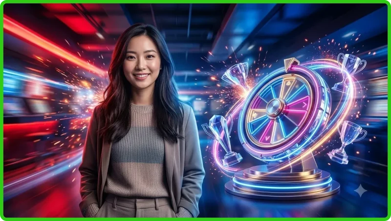 Minh họa vòng quay arcade spin game với các biểu tượng phát sáng và hiệu ứng chuyển động