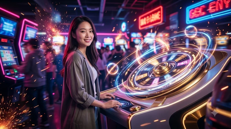 Minh họa vòng quay arcade spin game với các biểu tượng phát sáng và hiệu ứng chuyển động