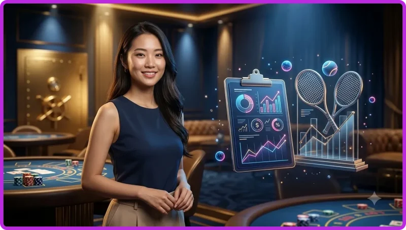 Người chơi cầm thiết bị hiển thị biểu đồ phân tích thể thao với biểu tượng bóng rổ và tennis