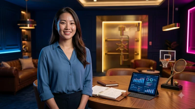 Người chơi cầm thiết bị hiển thị biểu đồ phân tích thể thao với biểu tượng bóng rổ và tennis