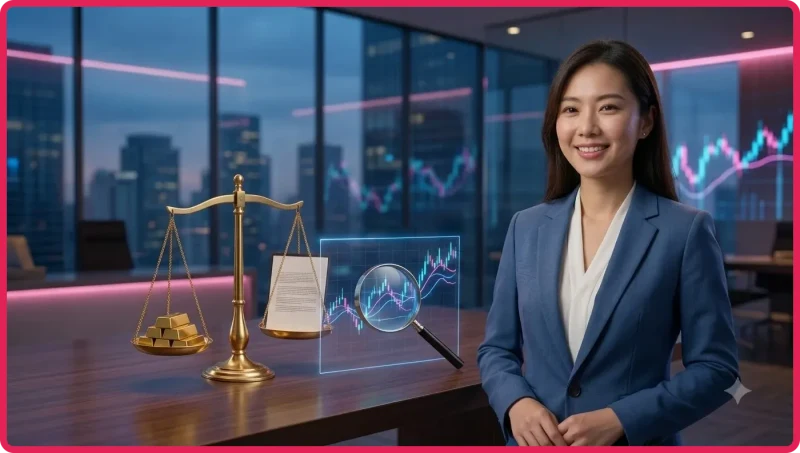 Người chơi đang xem xét tài liệu pháp lý trên máy tính bảng với biểu tượng khiên bảo mật