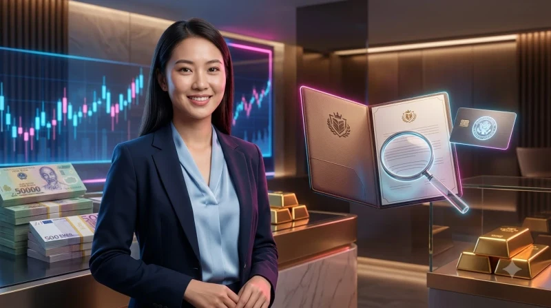 Người chơi đang xem xét tài liệu pháp lý trên máy tính bảng với biểu tượng khiên bảo mật