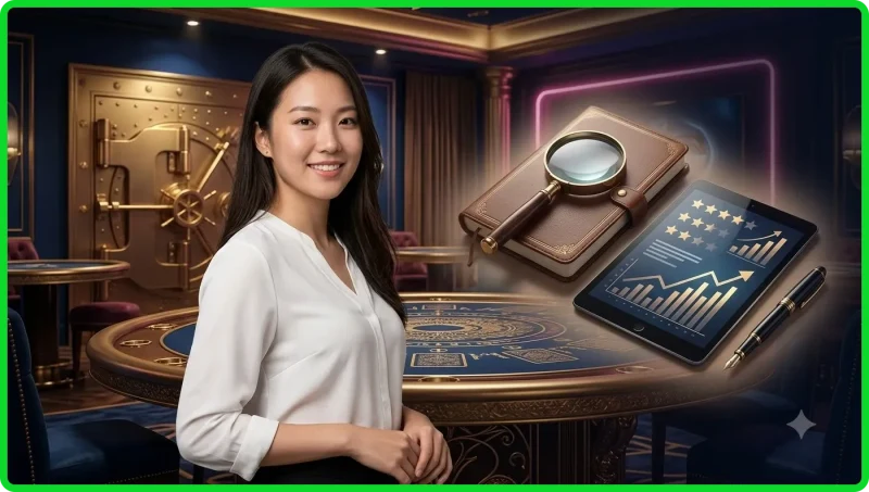 nguoi-dan-chuong-trinh-song-bai-dung-ben-ban-baccarat-cao-cap-minh-hoa-cho-luat-choi-co-ban Người dẫn chương trình sòng bài đứng bên bàn baccarat cao cấp, minh họa cho luật chơi cơ bản