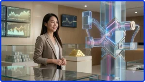 Người dùng cầm điện thoại bên cạnh máy tính xách tay với biểu tượng đồng bộ kết nối giữa hai thiết bị