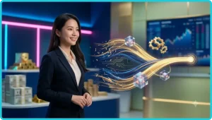 Người phụ nữ xem lỗi giao dịch trên laptop với các biểu tượng cảnh báo hologram phía sau