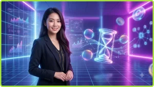 Nhân viên văn phòng kiểm tra thời gian và ngân sách giải trí trực tuyến trên laptop với đồng hồ cát và ví